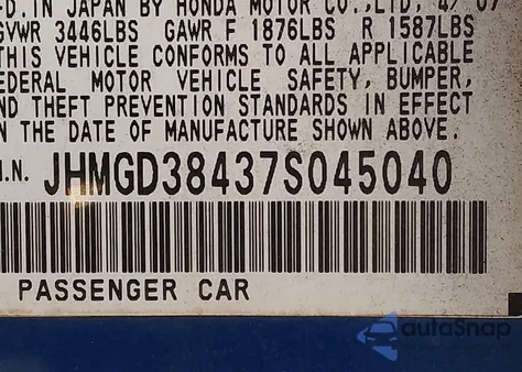 2007 Honda Fit from USA, damaged, VIN JHMGD38437S045040